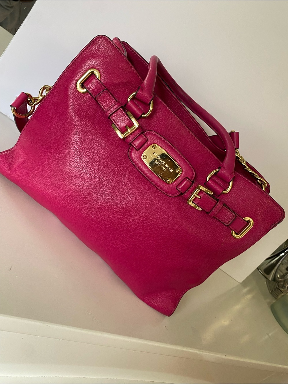 Michael Kors Hot Pink Leather Tote with Gold Hardware
